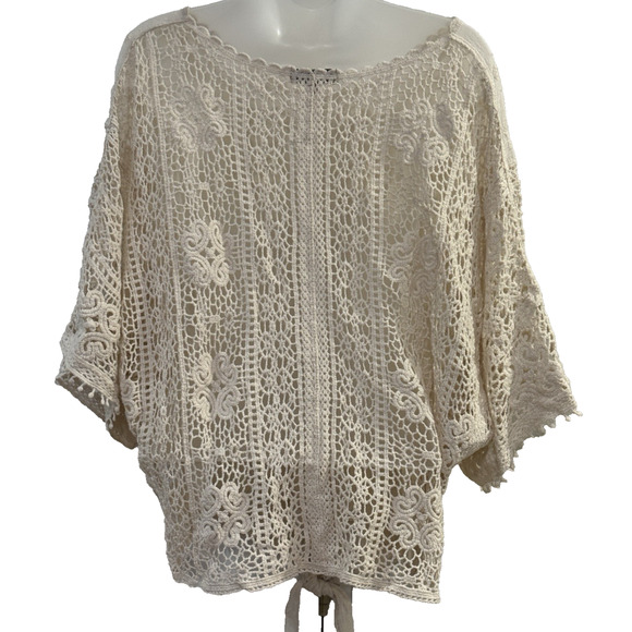 Democracy Womens Blouse Small Ivory Lace Crochet Boho Sheer Peasant TopTie Front - Picture 4 of 7